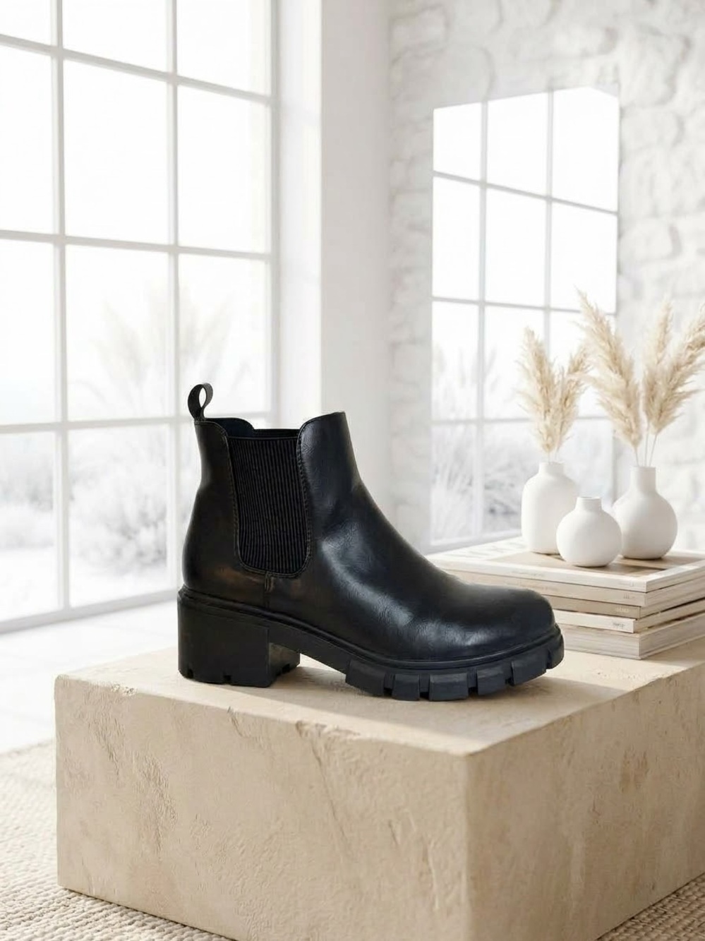 Black Chunky Lug Sole Chelsea Ankle Boots Size 9